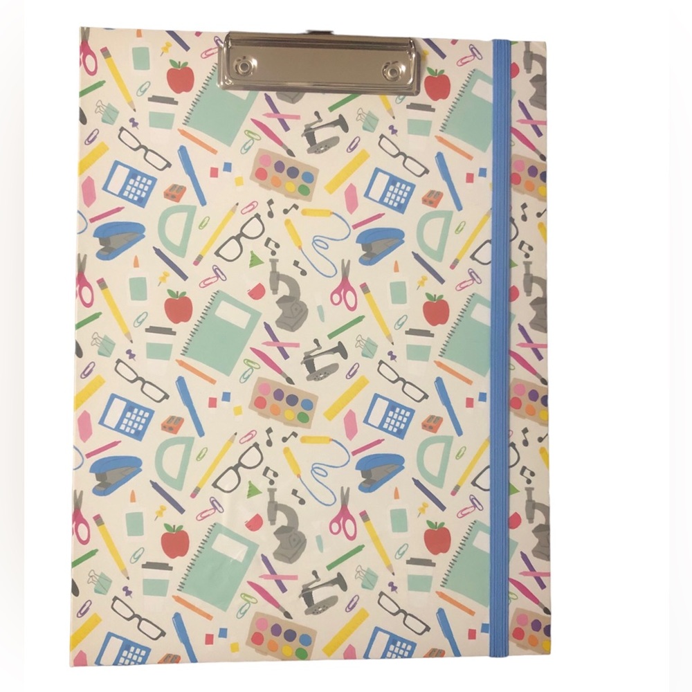 School supply themed hard cover portfolio with inner pocket and notepad